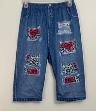 Girls Summer Bermuda Fabric Stretch Shorts Faux Jean Blue Pink Leopard Size 11