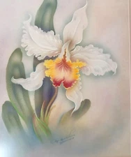 Post War White Orchid Airbrush Painting on Paper by Tip Freeman