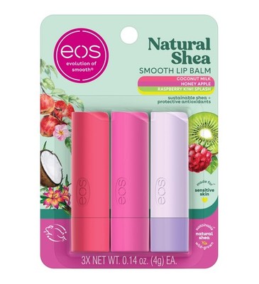 eos Natural Shea Lip Balm 3-Pack Honey Apple Coconut Milk Raspberry Kiwi 0.14oz