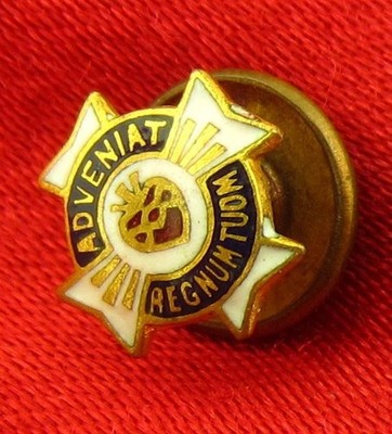 Vintage SACRED HEART Lapel Pin ENAMEL Religious Screwback THY KINGDOM COME Tiny