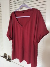 Women's Red V-Neck T-Shirt 3X Cuffed Short Sleeve Rayon Poly Blend