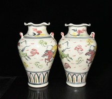 12.6" Old Classic Tang Dynasty Porcelain Wucai Character Story A Pair Vases