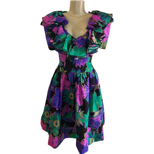 Vintage Morton Myles Silk Floral Ruffle Collar Midi Dress