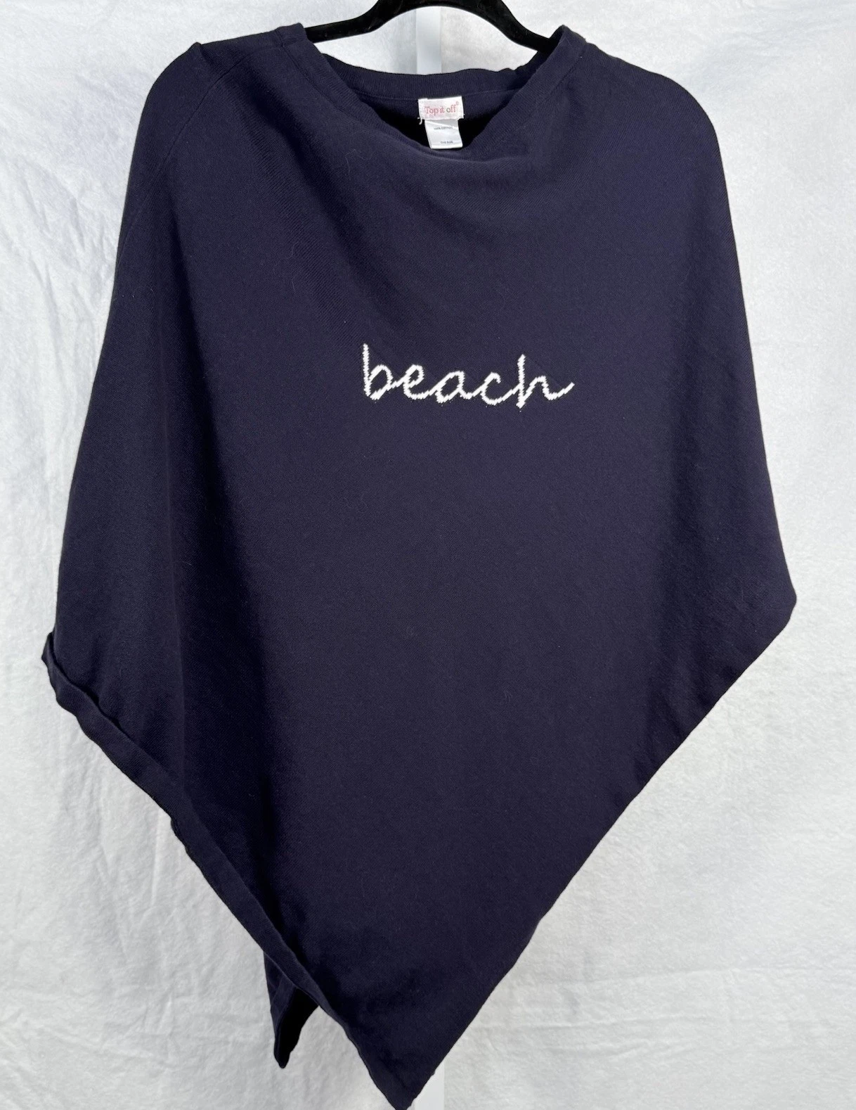 Top It Off Poncho Sweater Women's O/S Navy "Beach" in white Vacation Holiday