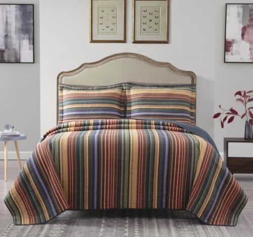 Chezmoi Collection Avery 3-piece Multi-Color Striped 100% Washed Cotton Quilt... - Picture 2 of 9