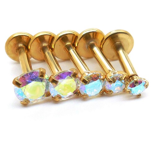 Flat Back Stud Earrings Gold Tone AB Cartilage Push Pin Labret Nose 18G Rings - Picture 2 of 22