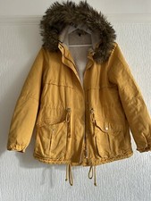 Mustard Yellow Parka Jacket Faux Fur Hood 14 H&m Eur 42 Towie Winter Party Boho