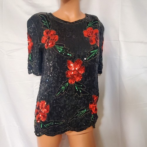 Vintage Black Red Florals Silk All Over Sequin Joseph Le Bon Blouse S ***SALE*** - 第 4/8 張圖片