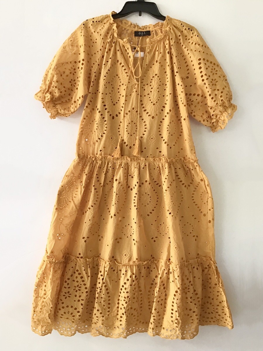 OPT Mustard Yellow Eyelet Short Sleeve Shift Maxi Dress Size