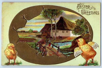 c1910's Easter Greetings Big Hatched Egg Little Chicks Embossed Antique Postcard