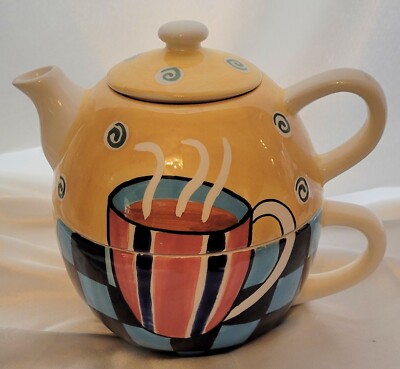 Bohemian Jazz Cafe Tea For One Handpainted 3 Piece Set 5'' Diameter  5 3/4 ''H
