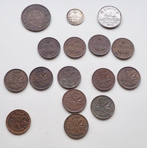16 Old Canadian Newfoundland Coins 1 Cent 1914, Silver 5 Cents 1919 1941 1942... - 第 1/20 張圖片