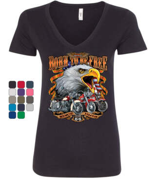 Born to be Free Women's V-Neck T-Shirt Historic Route 66 Bald Eagle Biker Gang