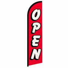 Open Full Curve Windless Swooper Flag Now Open RD/WT 100D FABRIC