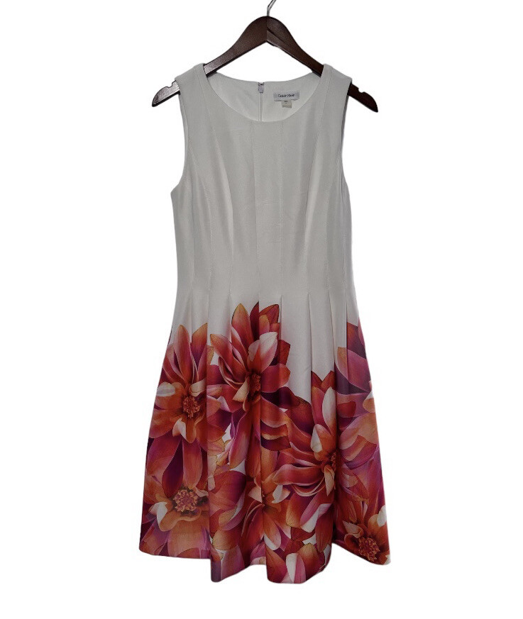 calvin klein floral a line dress Calvin Klein Halter Neck Floral Print A Line Midi Dress, Womens, 16, Light Olive Multi