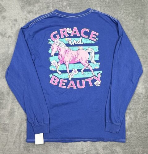 NEW Benny & Belle T-Shirt Womens Large Blue Long Sleeve Horse Graphic Cowgirl