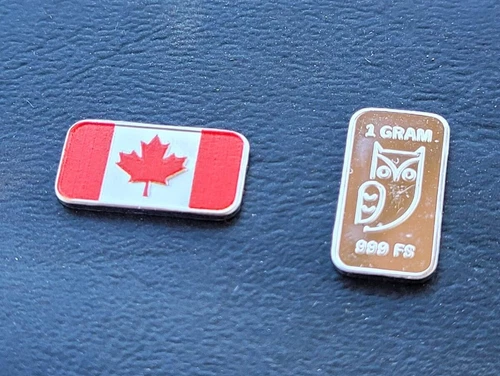 Coloured 1g Silver Bar - Canada Flag / Owl / Maple Leaf     Free Shipping