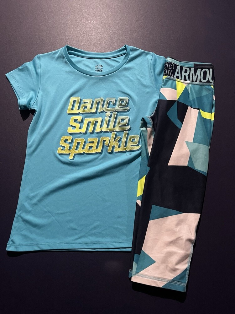 Under Armour Champion C2 Girls Blue Green Yellow Shirt and Capris M (10-12)