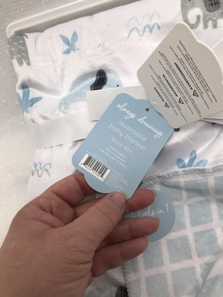 Manta de bebé reversible azul blanco gris Lovey Safari elefantes para niños NUEVA Foto 3 de 4