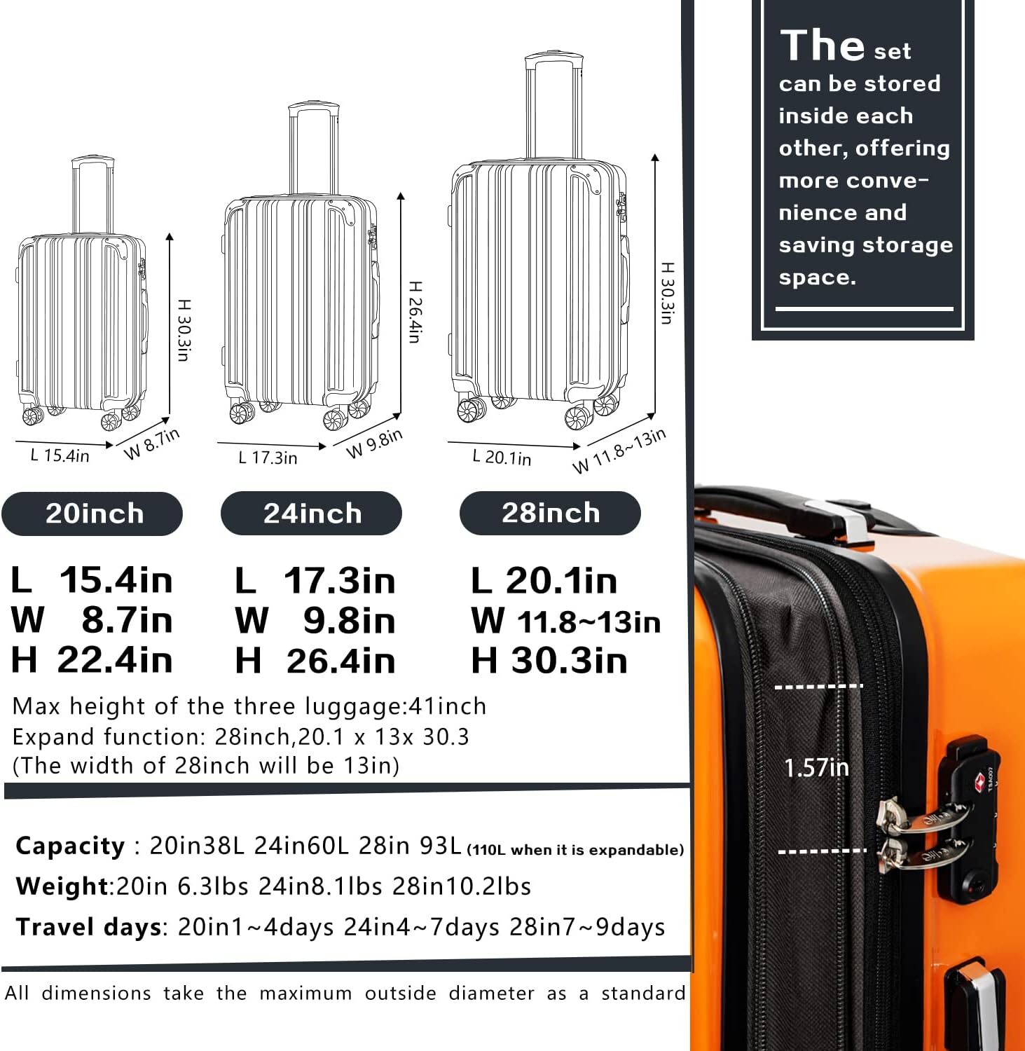 Coolife Luggage SuitcasPC+ABS Spinner 20in