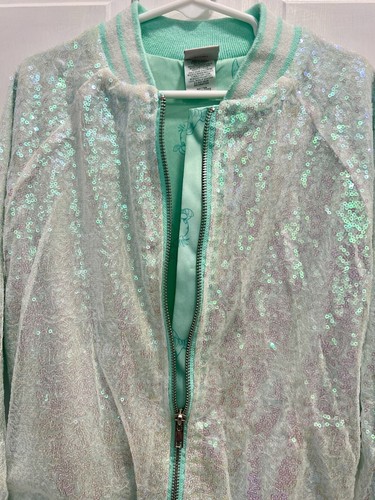 Disney Sparkling Sequin ARIEL Seafoam GreenBomber Jacket SMALL Girls Pre Loved - Picture 4 of 6