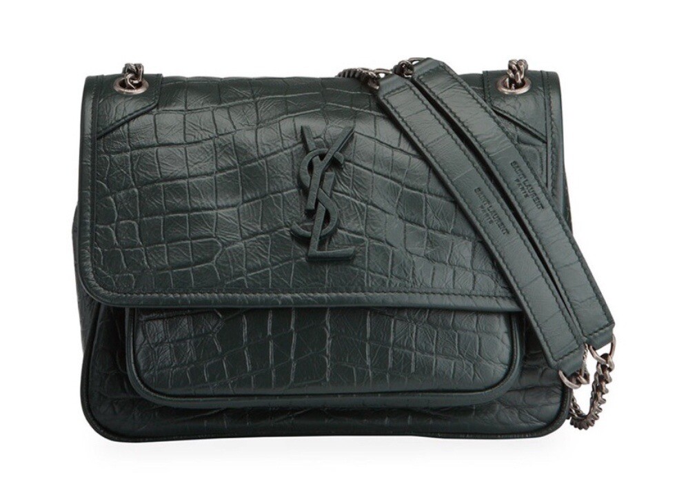 Borsa a tracolla media Saint Laurent Niki stampata coccodrillo blu scuro blu navy