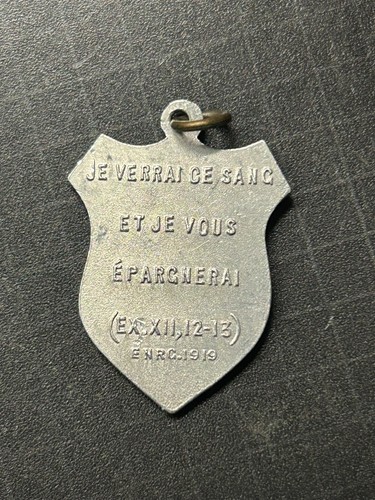 Antica medaglia pendente scudo c1919 SANGUE DI GESÙ SALVA US cristiano ESODO XII - Foto 3 di 3
