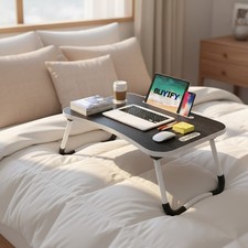 23 Inch Folding Lap Desk with Cup Holder - Portable Black Wooden Table for Work