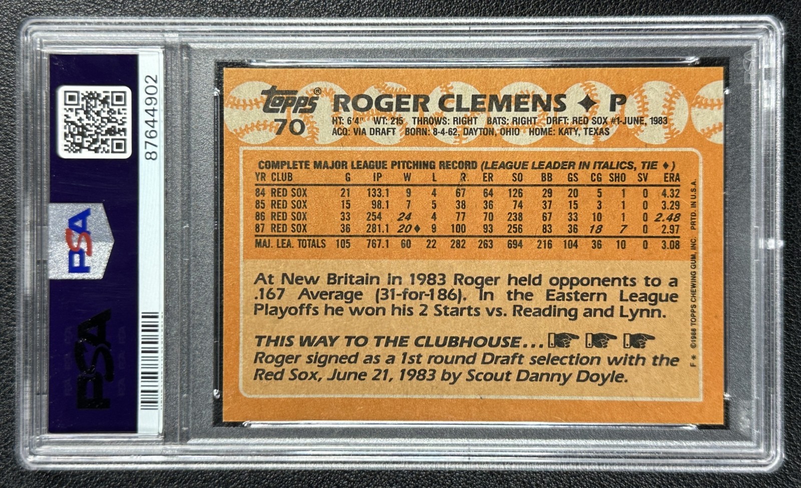 ROGER CLEMENS PSA 10 1988 TOPPS BASEBALL #70 RED SOX 4902 view 2