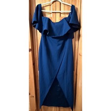 Jewel Badgley Mischka Cheery Off-The-Shoulder Gown Navy Ruffle Dress 14 NWOT