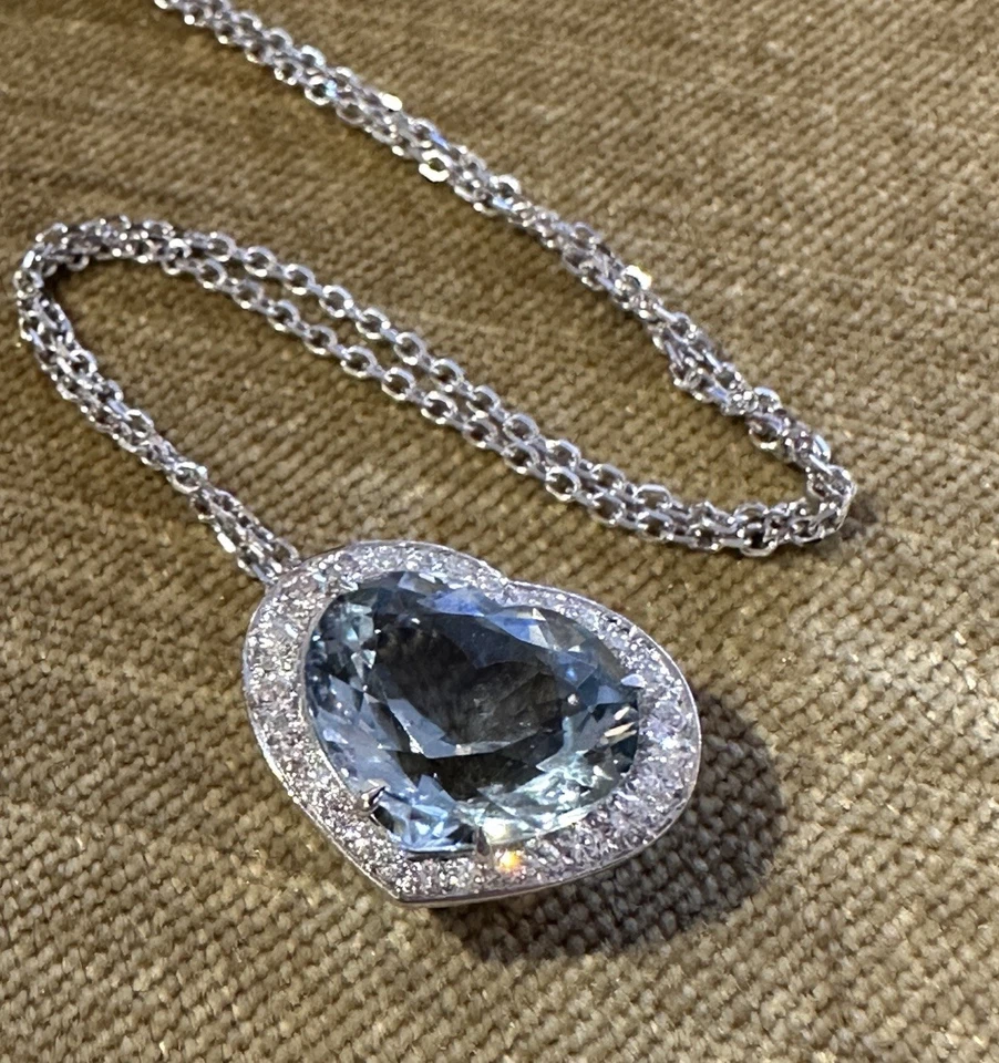 Heart Aquamarine & Diamond Halo Pendant Necklace Platinum & 14k Chain - HM2749A