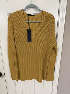 JENNI KAYNE Cotton Cabin V Neck Long Sleeve Fisherman Sweater in Mustard S $295