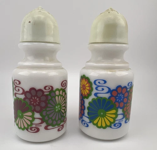 Vintage Avon Milk Glass Salt & Pepper Shakers Hippy Flower Power Retro 1970s