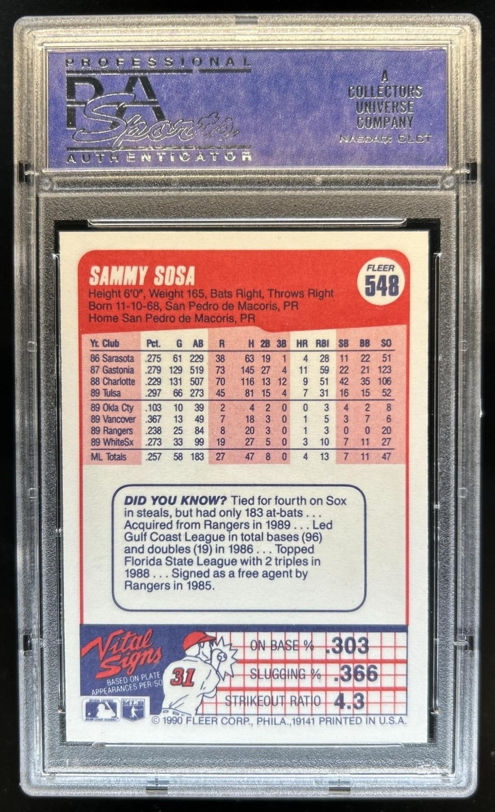 1990 Fleer Sammy Sosa Rookie RC #548 White Sox PSA 9 view 2