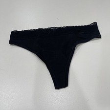 Savage X Fenty COTTON ESSENTIALS LACE-TRIM MID-RISE THONG PANTY Caviar M