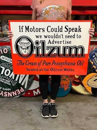 Vintage Style Metal Sign 2 Sided Oilzum Motor Oil NOT Porcelain 34x24 Made USA