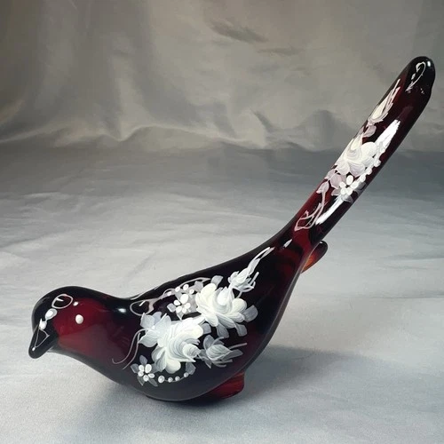 Vintage 80s Fenton Art Ruby Red Glass Bird of Happiness White Roses Hand Signed