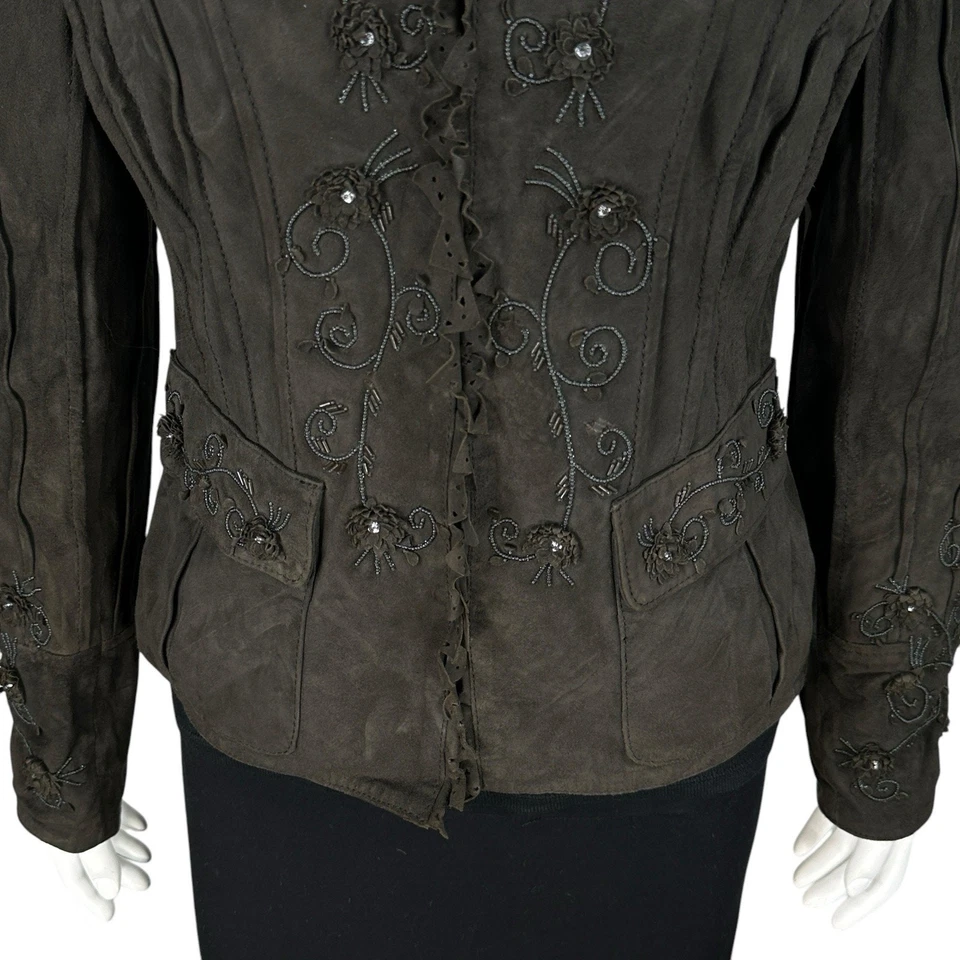 Chaqueta de cuero de gamuza Double D Ranch para mujer talla 6 con cuentas floral marrón occidental Foto 3 de 4