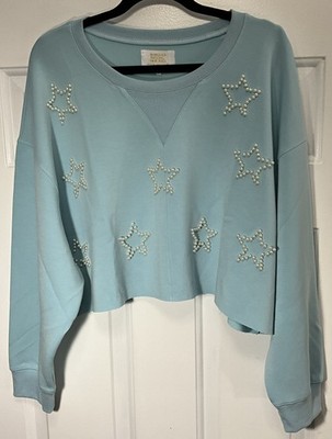 Simply Southern Pearl Embellished Baby Blue Cropped Sweater/Pullover Women s XL