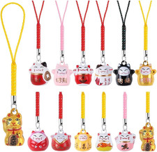 12 Pieces Lucky Cat Beckoning Cat Keychains Keyrings Pendant Japanese Maneki