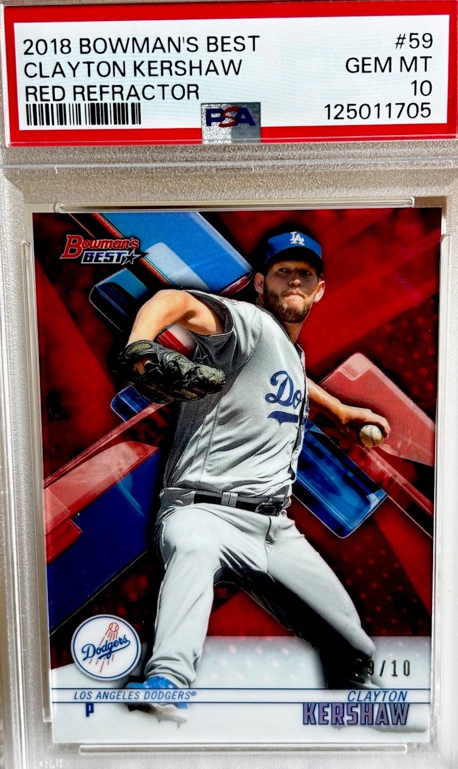 2018 Bowman Best Clayton Kershaw RED Refractor 09/10 PSA - 10