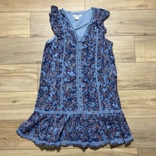 Lucky Brand Women Button Front Floral Ruffle Cap Sleeve Flounce Mini Dress M