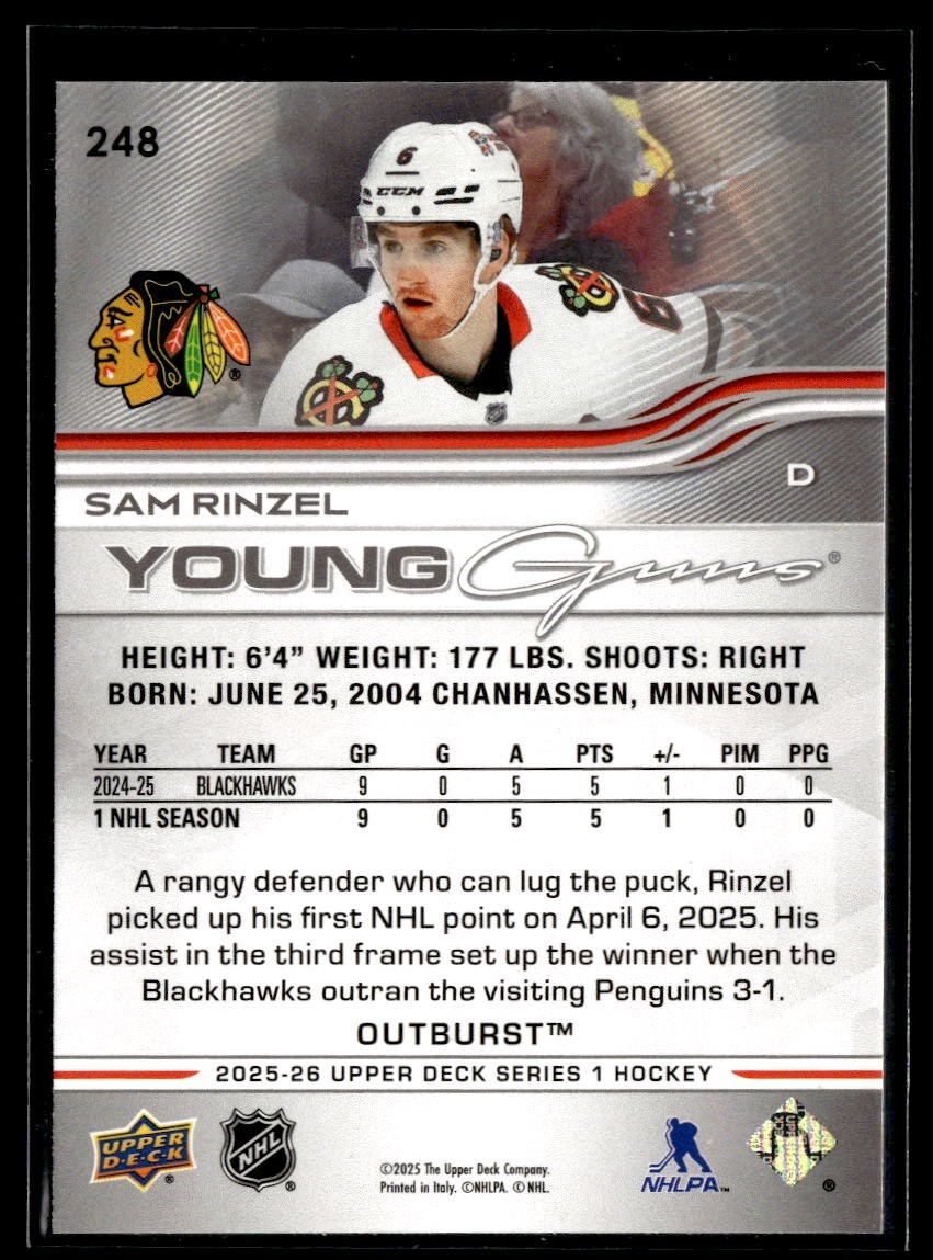 2025-26 Upper Deck Series 1 Young Guns Outburst #248 Sam Rinzel