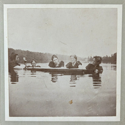 Antique Photo Women Swimming In Lake Makeshift Wood Raft