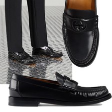 GUCCI SHOES MENS PENNY LOAFER INTERLOCKING G BLACK LEATHER $990 sz 11.5 US 12