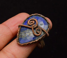Lapis Lazuli Gemstone Copper Wire Wrapped Handmade Jewelry Ring Size 9.5