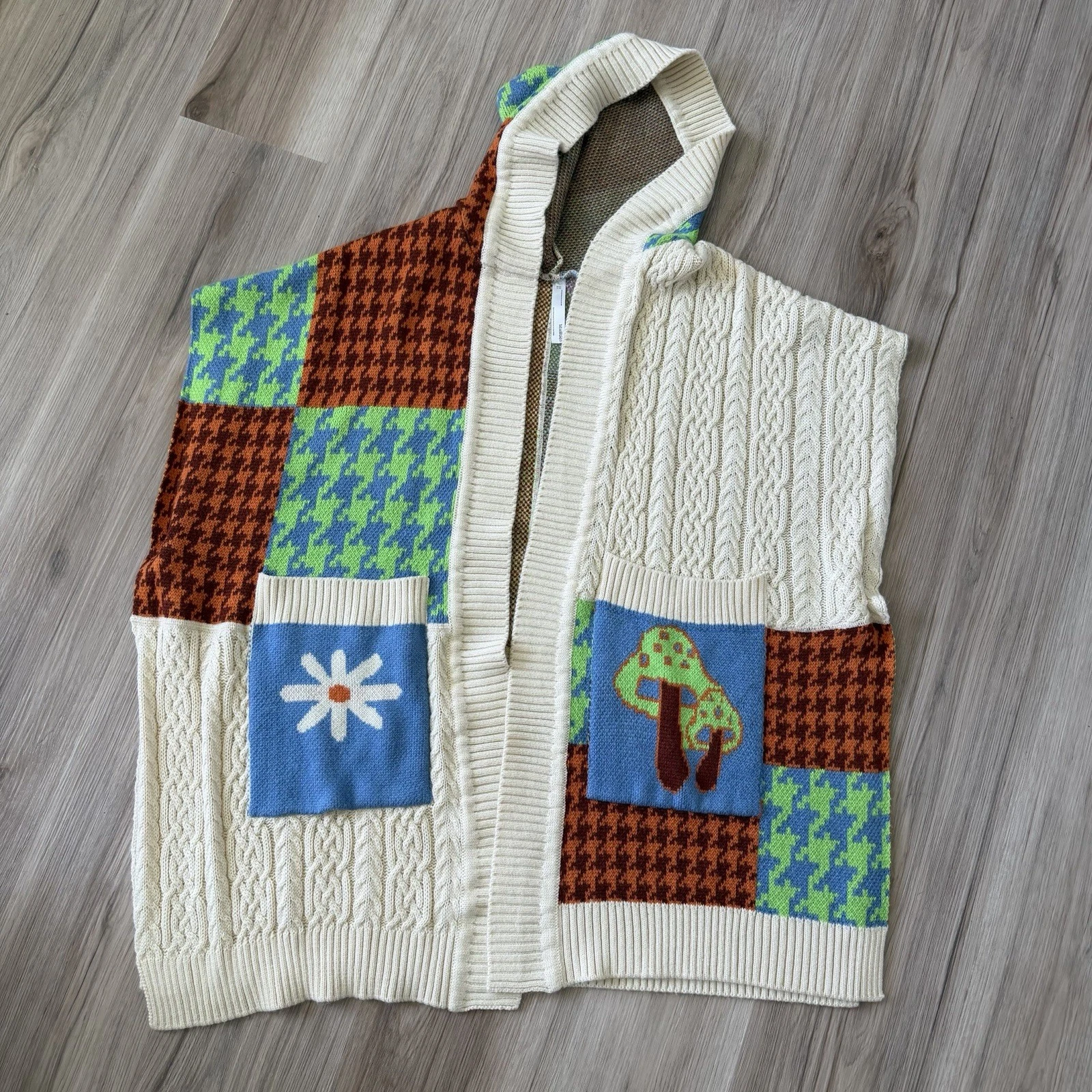 Urban Outfitters Kali Knit Poncho Cape, Hooded, Eclectic Patchwork