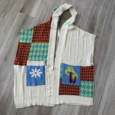 Urban Outfitters Kali Knit Poncho Cape, Hooded, Eclectic Patchwork