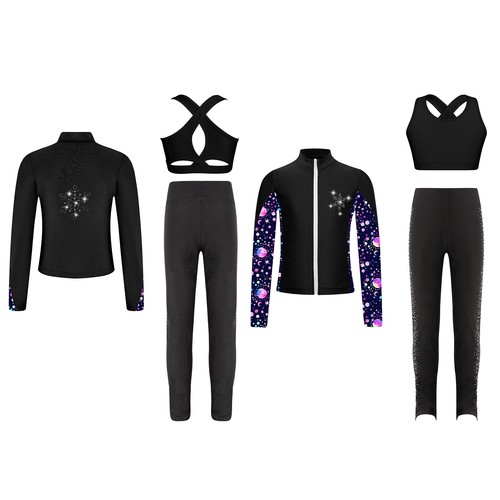 Kids Girls Suit Rhinestones Outfits Snowflake Set Zipper Dancewear Trousers - Picture 6 of 37