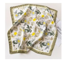 100 Silk Scarf Women Vintage Green Leaves Kerchief Square Bandana Wrap 65 65cm